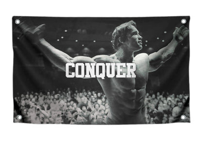Conquer Single Sided Flag for Schwarzenegger 3x5 Ft Polyester Banner with Four Grommets - Funny Gym Motive Poster and Fitness - Arnold Durable Man
