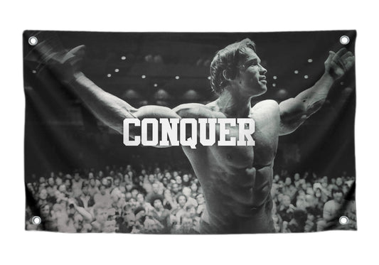Conquer Single Sided Flag for Schwarzenegger 3x5 Ft Polyester Banner with Four Grommets - Funny Gym Motive Poster and Fitness - Arnold Durable Man