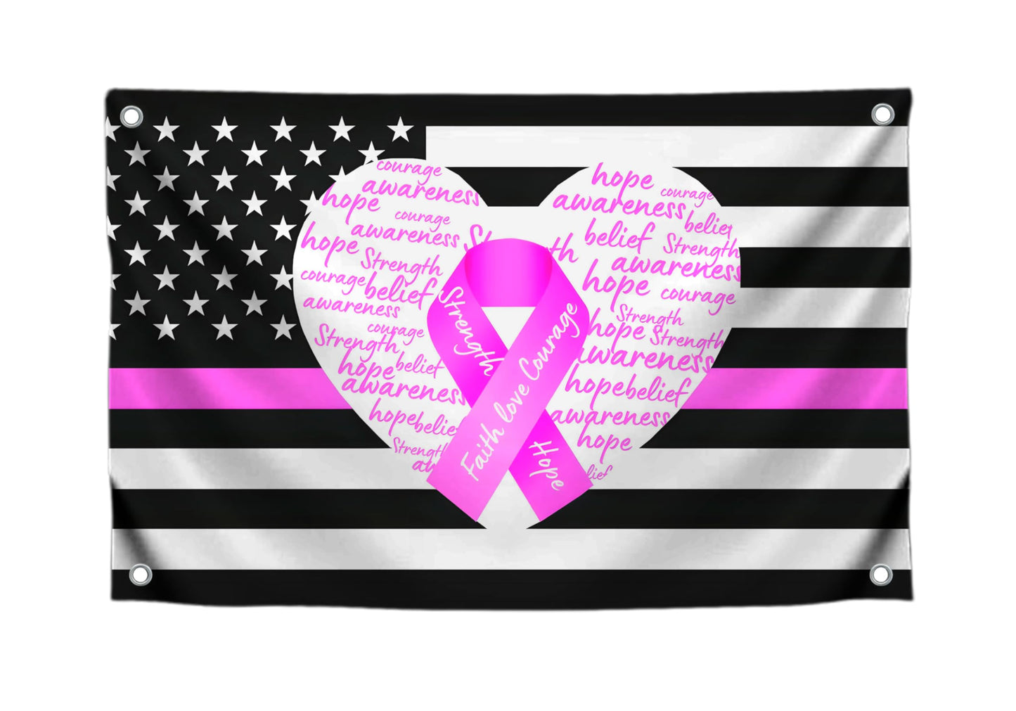 3x5 Fееt Breast Cancer Awareness Ribbon Polyester Flag with 4 Brass Grommets - Outdoor Hope Faith Courage Strength Decor Single Sided Banner