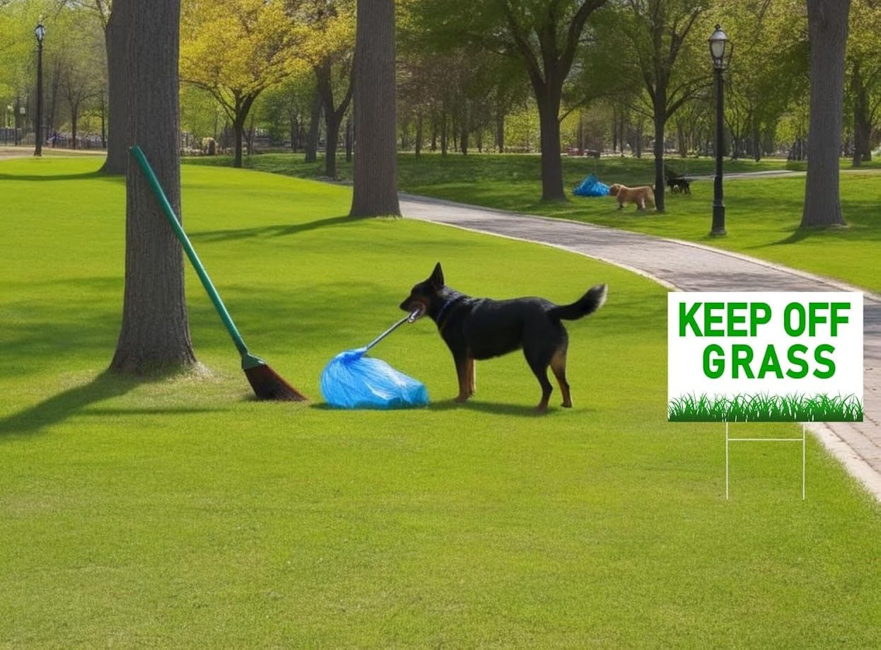 Set of 3 Please Keep Off Grass Signs with Metal Wire H-Stakes - 12x8 Inch Plastic Coroplast Security Please Stay Off My Grass - No Pet Pooping