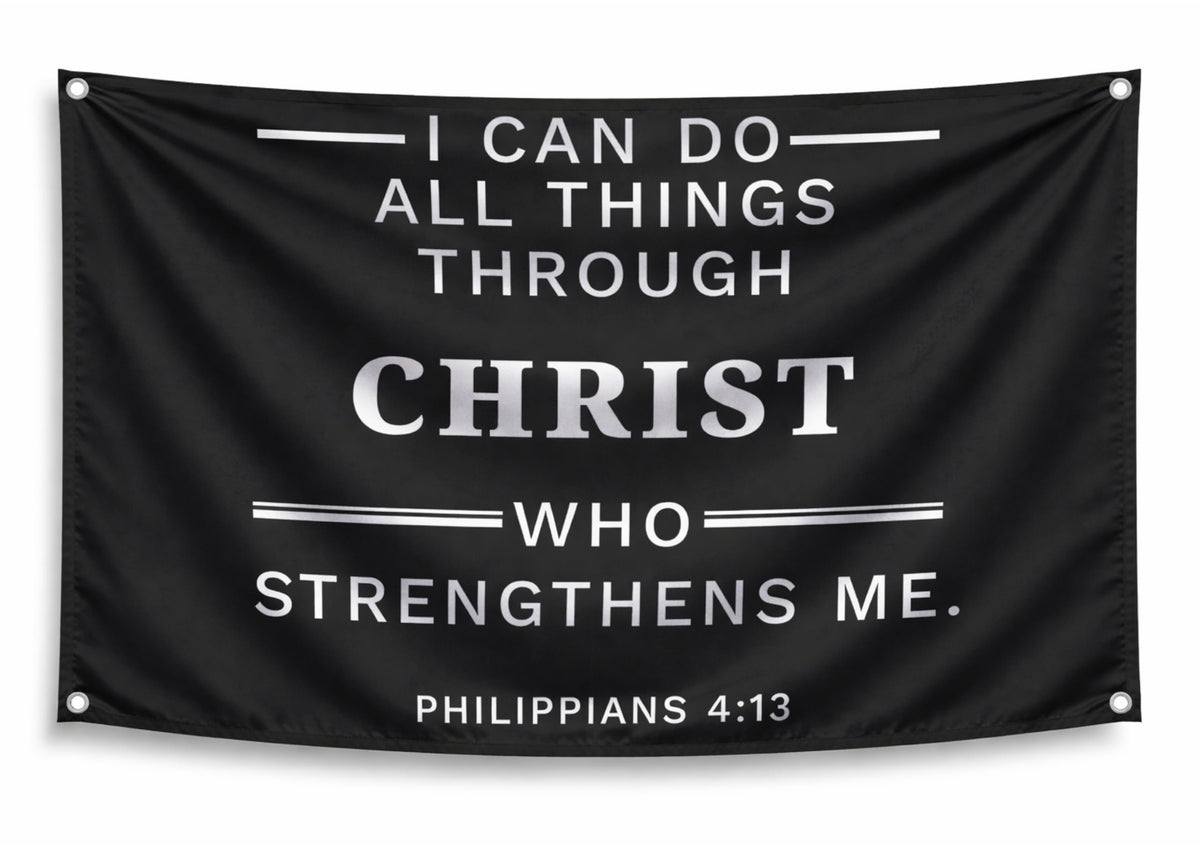 3x5 ft Christian Bible Verse Flag – Philippians 4:13, Black Polyester Wall Banner with 4 Grommets