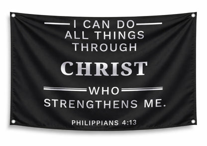 3x5 ft Christian Bible Verse Flag – Philippians 4:13, Black Polyester Wall Banner with 4 Grommets