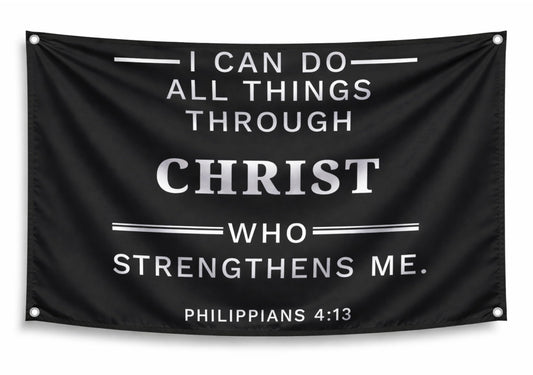 3x5 ft Christian Bible Verse Flag – Philippians 4:13, Black Polyester Wall Banner with 4 Grommets