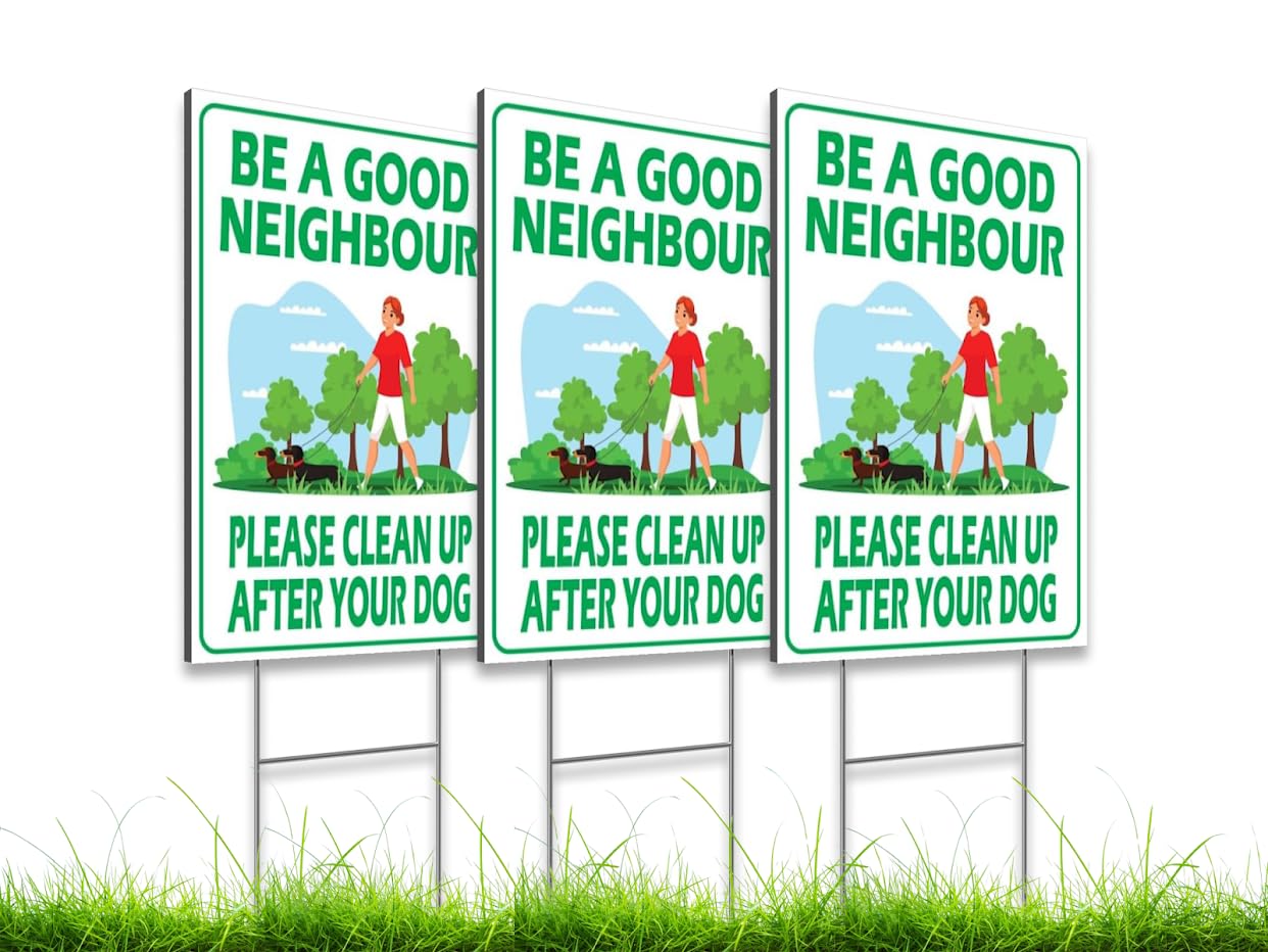 12х8 inch 3X Plastic Sign Clean Up After Your Dog with Metal Wire H-Stakes - Be a Good Neighbor Double Sided Signs Clean Up After Your Pet