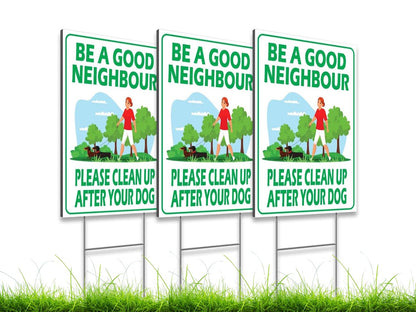 12х8 inch 3X Plastic Sign Clean Up After Your Dog with Metal Wire H-Stakes - Be a Good Neighbor Double Sided Signs Clean Up After Your Pet