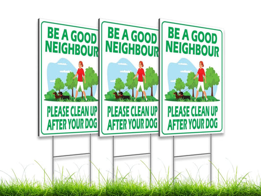 12х8 inch 3X Plastic Sign Clean Up After Your Dog with Metal Wire H-Stakes - Be a Good Neighbor Double Sided Signs Clean Up After Your Pet