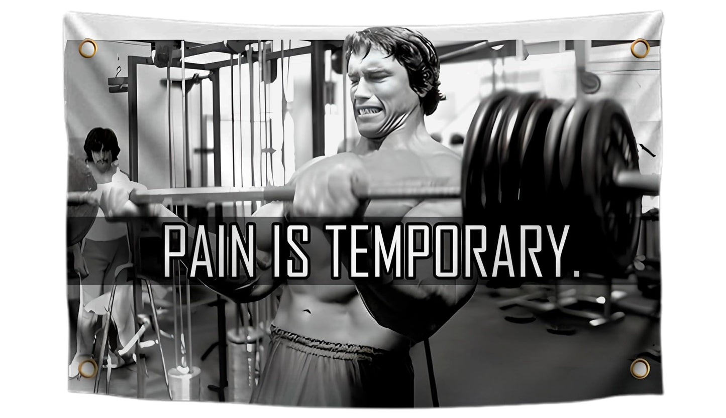 3x5 Ft Schwarzenegger Polyester Flag with 4 Grommets - Pain is Temporary Motivational Gym Single Sided Flags - Inspire Your Workout Banner