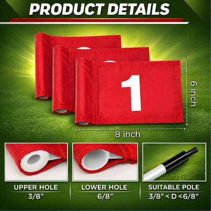 Set of 3 Double Sided 8x6 Inches Numbered Golf Polyester Flag - Mini Practice Putting Green Flags for Yard in 420D Nylon - Small Banner Numbered