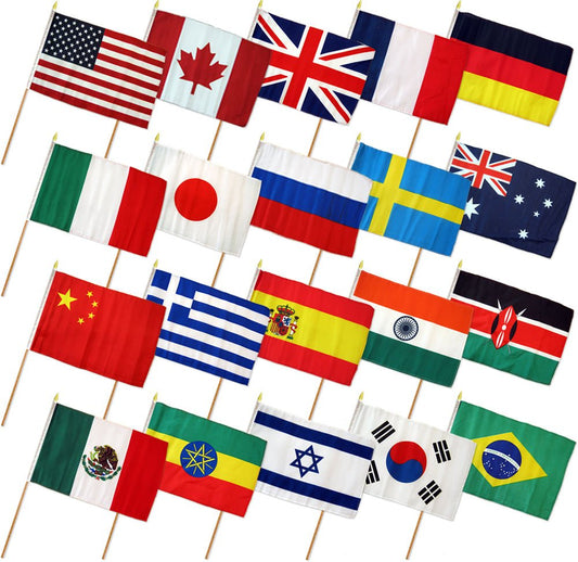LUIVU 12x18 12"x18" Set of 20 International Countries Stick Flag Wood Staff