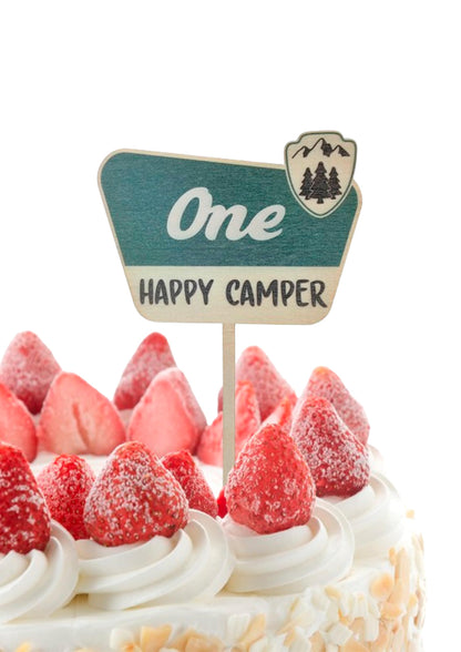 4.8x6.1 Inch Cake Topper For One Happy Camper - One Happy Camper Birthday Decorations. Camping Party Wooden Cake Toppers or Wedding Anniversary Rravel