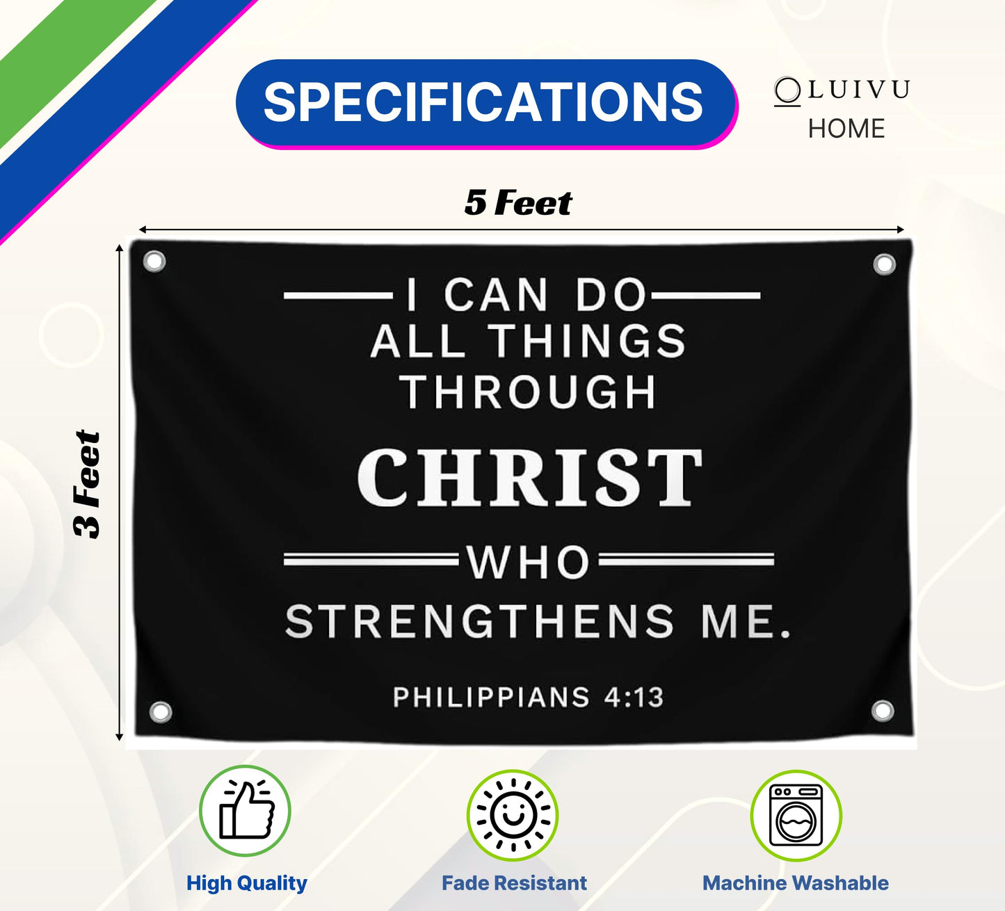3x5 Ft Polyester Single Sided Flag I Can Do All Things Through Who Strengthens Me with 4 Grommets - Scripture Wall Banner - Inspirational Spiritual