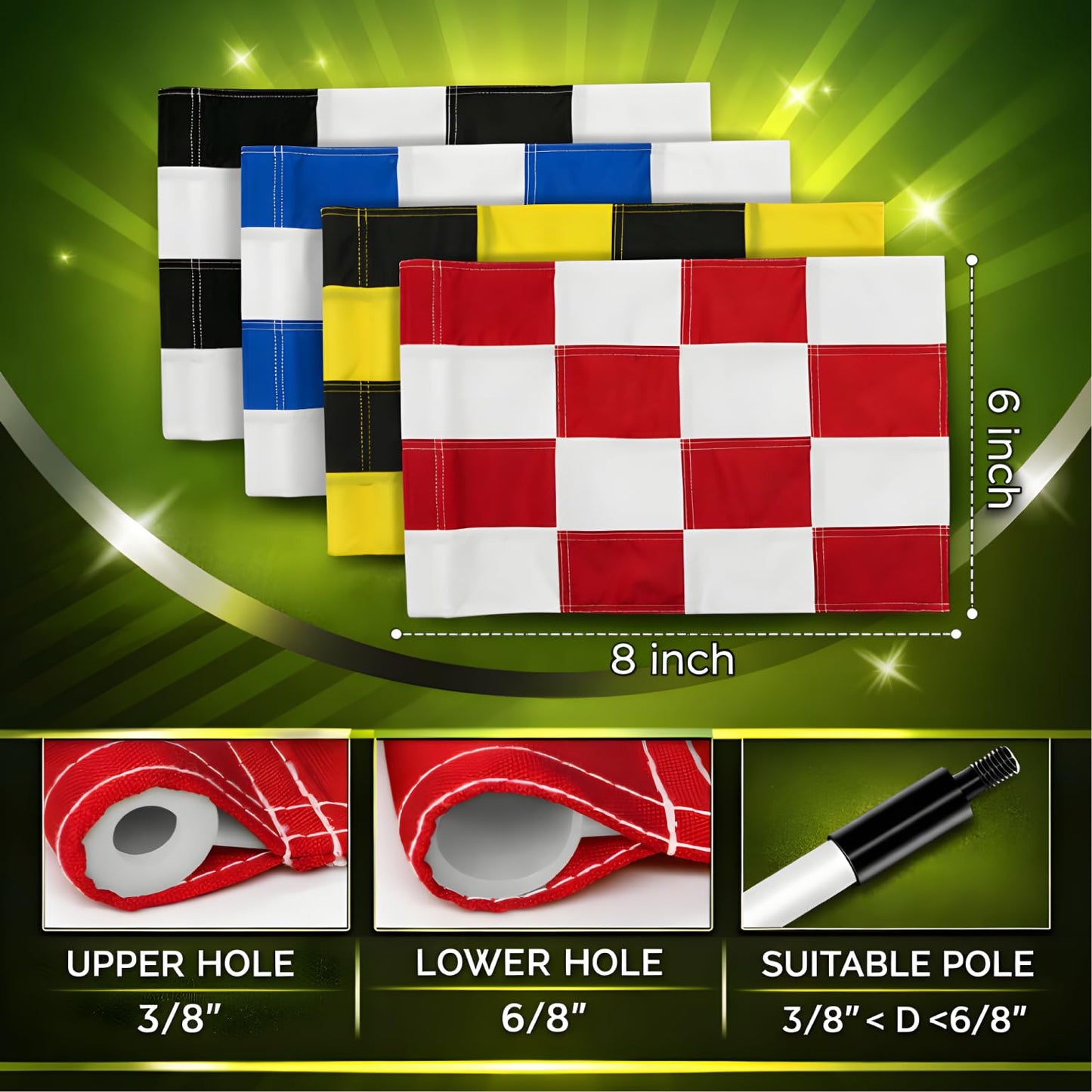 Set of 4 Double Sided 8x6 Inches Checkered Golf Polyester Flag - Mini Practice Putting Green Flags for Yard in 420D Nylon - Small Banner Checkered