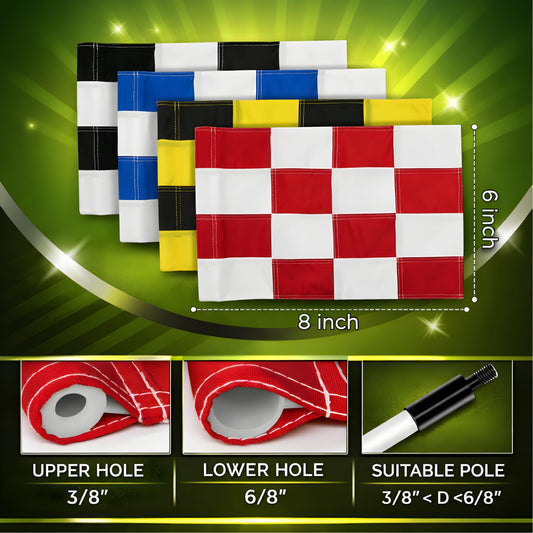 Set of 4 Double Sided 8x6 Inches Checkered Golf Polyester Flag - Mini Practice Putting Green Flags for Yard in 420D Nylon - Small Banner Checkered