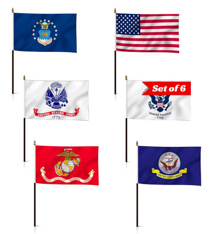 Set of 6 Military Branch Armed Forces Service Miniature Flag - 10X15 CM American Flag Banners for Desk Set - Polyester Small Mini Military Stick Flags