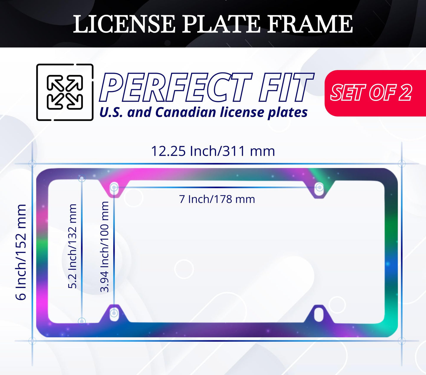 2X Tri-Color Personalized Car License Plate Frame for US Standard Frame - Stainless Steel Plate Frame with Screws 6x12.25 inches and 4 Holes and Screw
