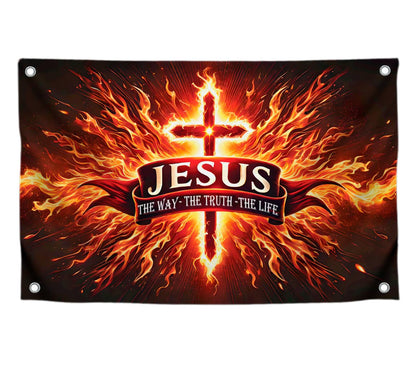 3x5 Feet Polyester Flag Cross in Fire "The Way Me Truth, The Life" with 4 Brass Grommets - Decorations God Banner for Room. American Flags for Outside