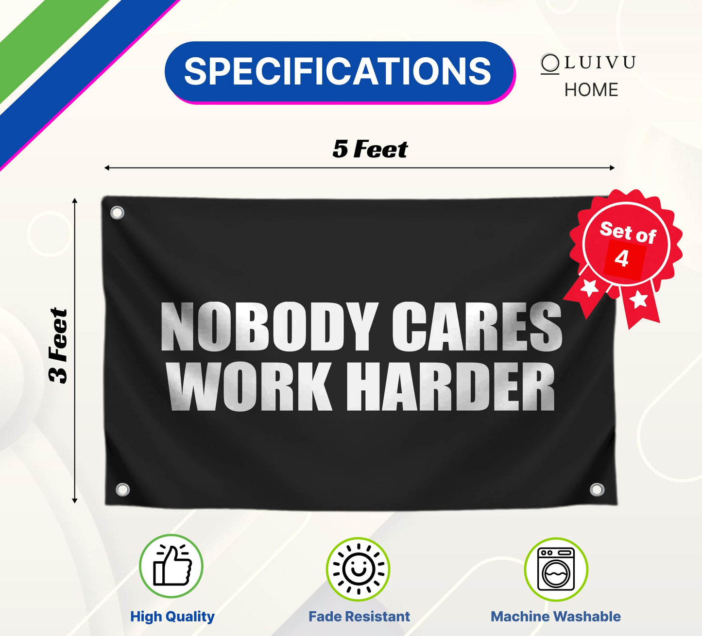 Set of 4 Motivation Gym 3x5 Polyester Flags with Four Brass Grommets - Inspire Your Workout with Single Sided Banner - Home Gym Decor for Room