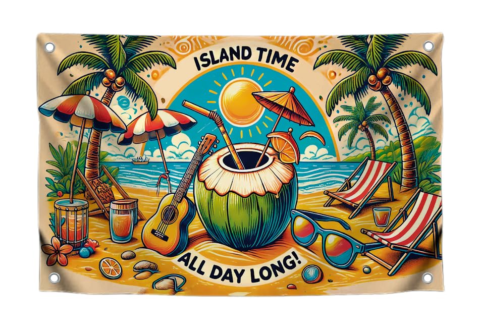 3x5 Feet Single Sided Flag with 4 Brass Grommets - Island Dream Flag - Sun and Ocean View - Quote on the Poster "Island Time All Day Long"