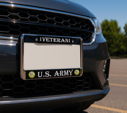 License Plate Frame US Army Veteran - Stainless Steel Frame for Front and Rear - Metal Plate Frame with 2 Holes and Screws 6x12.25 inches