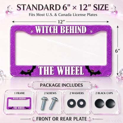 6x12 in Witch Behind The Wheel License Plate Frame – Pink Glitter