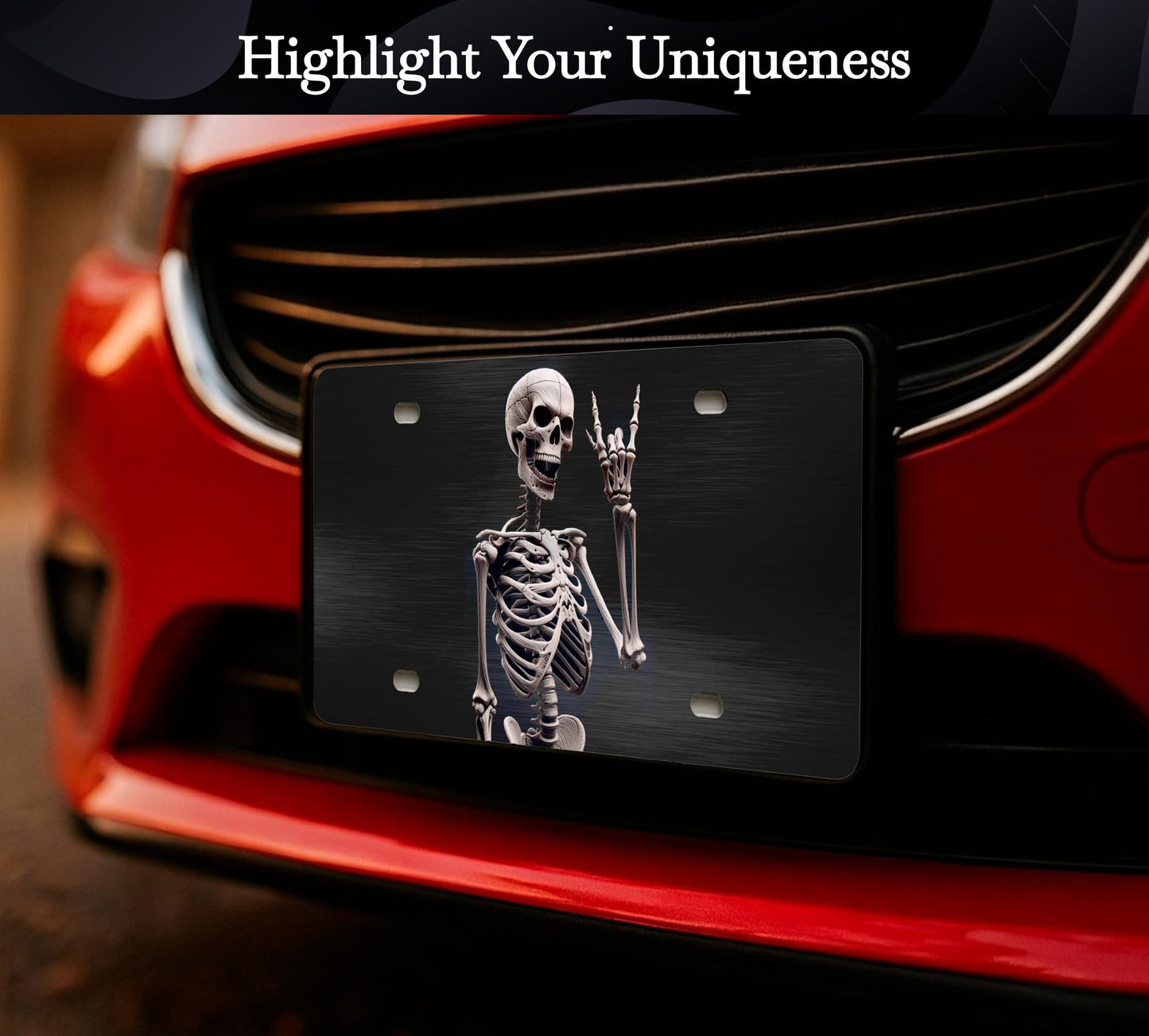 Personalized Human Skeleton Black License Plate Frame. Funny Halloween Skull Front License Plate Frames Designs with 4 Standard Slotted Mounting Holes