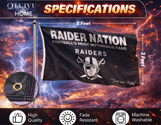 3x5 Feet Raiders Nation Single Sided Flag with 2 Brass Grommets - Polyester Banner for Garage Man Cave Wall Decoration - Raiders Nation USA American