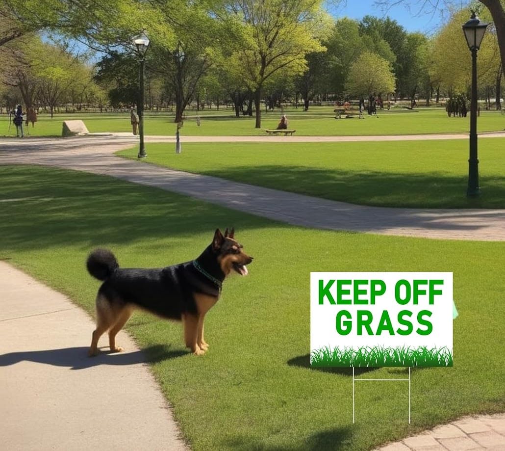 Set of 3 Please Keep Off Grass Signs with Metal Wire H-Stakes - 12x8 Inch Plastic Coroplast Security Please Stay Off My Grass - No Pet Pooping