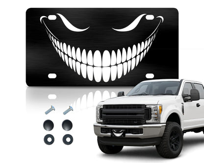 Personalized Front Black Cheshire Cat License Plate Frame - Car Frames Evil Cheshire Cat Smile with 4 Standard Slotted Mounting Holes