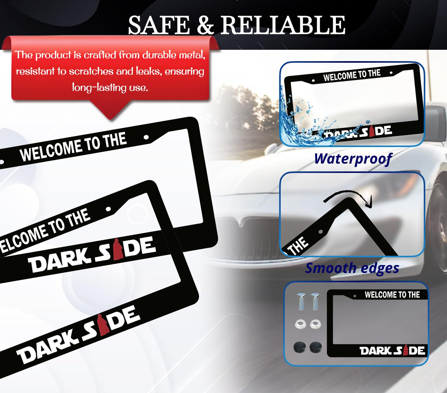 6x12.25 Inch Car License Plate Frame Welcome to The Darkside - Black with Red Combo License Plate Frame with 2 Holes and Screws