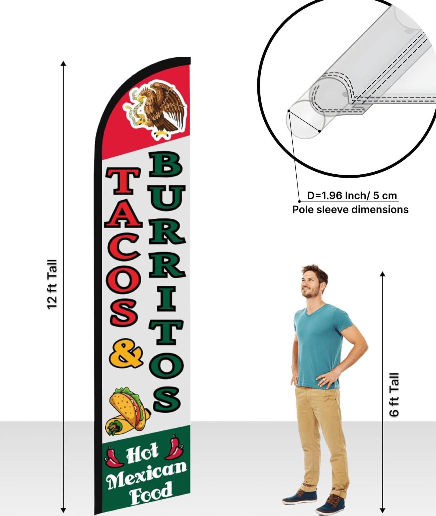 12x2.5 Feet Tall Feather Flags "Tacos & Burritos" - Advertising Replacement Feather Banner - Single Sided Feathers Banners Food Themed