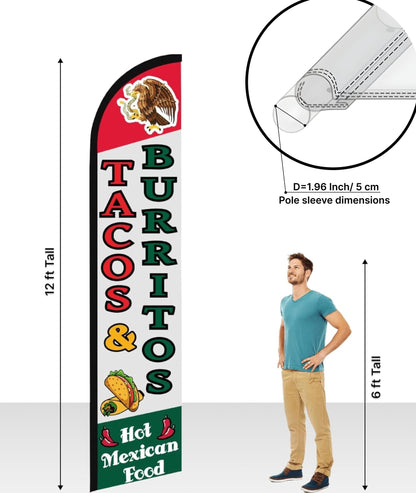 12x2.5 Feet Tall Feather Flags "Tacos & Burritos" - Advertising Replacement Feather Banner - Single Sided Feathers Banners Food Themed