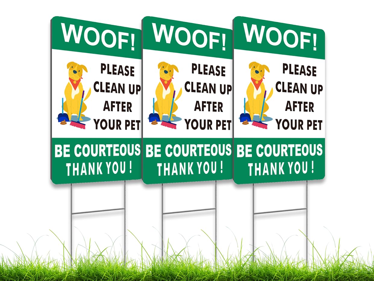 3X Double Sided 12x8 Please Clean Up After Your Pet Sign - Lawn Fun Pet Plastic Signs - Signs to Curb Your Dog with Metal H-Shaped Stakes
