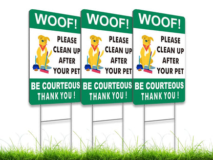 3X Double Sided 12x8 Please Clean Up After Your Pet Sign - Lawn Fun Pet Plastic Signs - Signs to Curb Your Dog with Metal H-Shaped Stakes