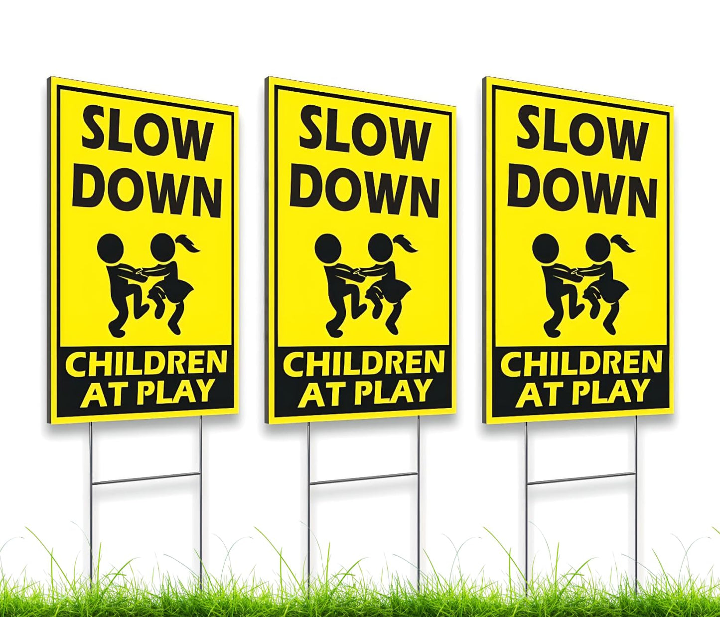 Set of 3 Street Safety Signs with Stakes 12x8 Inch - Attention Kids Playing Road Plastic Sign Double Sided
