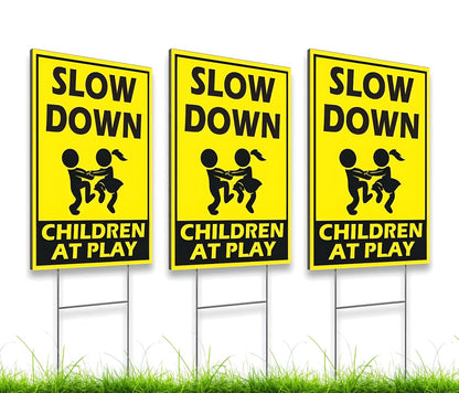 Set of 3 Street Safety Signs with Stakes 12x8 Inch - Attention Kids Playing Road Plastic Sign Double Sided