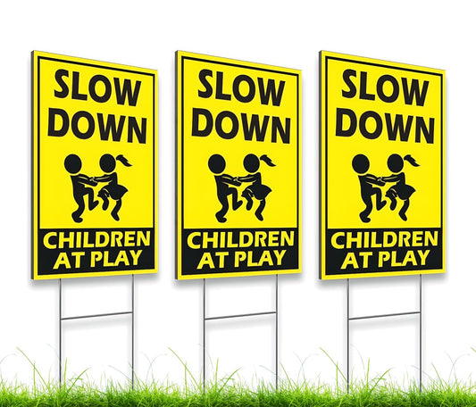 Set of 3 Street Safety Signs with Stakes 12x8 Inch - Attention Kids Playing Road Plastic Sign Double Sided