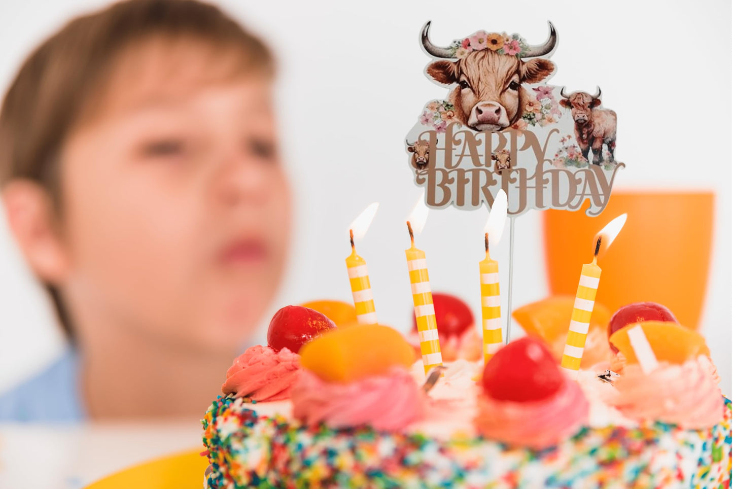 6.7x7.6 Inch Highland Cow Happy Birthday Cake Topper Paper - Highlands Cow Birthday Party Supplies - Brown Glitter Highland Cow