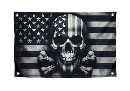 3x5 Feet Skull And Crossbones Polyester Flag with 4 Brass Grommets - American Pirate Banner For Man Cave - Black and White Grey American Single Sided