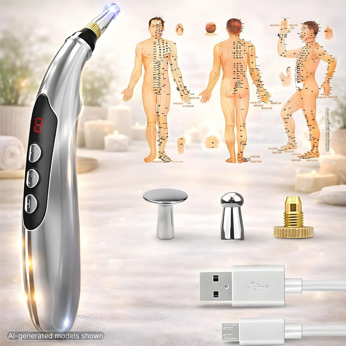 Acupuncture Pen Electronic - USB Rechargeable Pain Relief Electric - for Meridians Energy Pens Massager - Pain Relief Massage Tool with 3 Massage Heads & 2 Massage Gel - Gifts for Women & Men