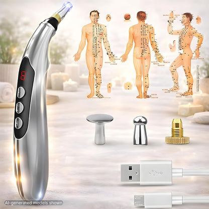 Acupuncture Pen Electronic - USB Rechargeable Pain Relief Electric - for Meridians Energy Pens Massager - Pain Relief Massage Tool with 3 Massage Heads & 2 Massage Gel - Gifts for Women & Men