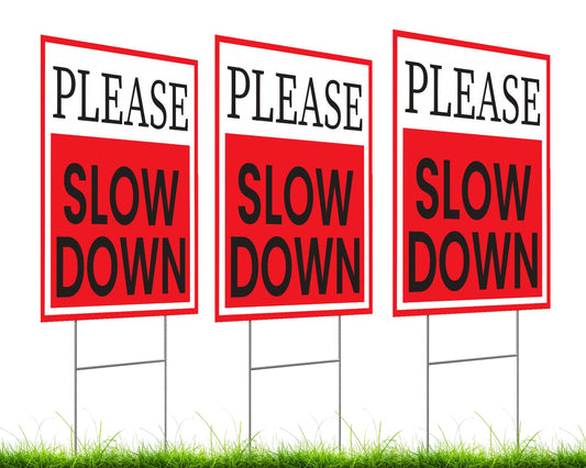3 Pack 12x16 Double-Sided Please Slow Down Sign with Metal Wire H-Stakes - Children At Play Safety signs for Street Plastic Signs