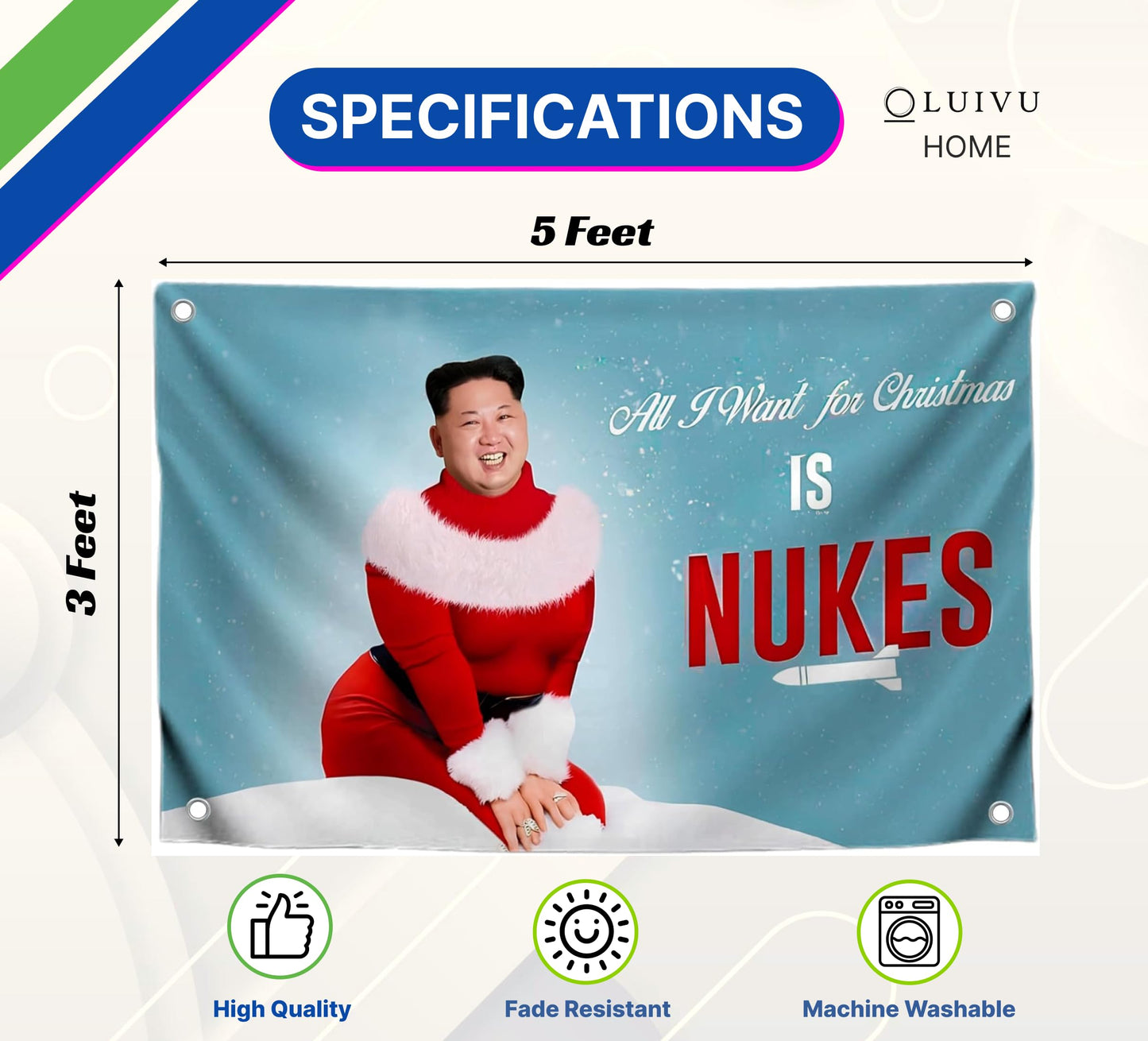 3x5 Ft Kim Meme Polyester Flag with Four Brass Grommets - Single Sided Banner All I Want for Christmas is Nukes - Funny Flag for College Party