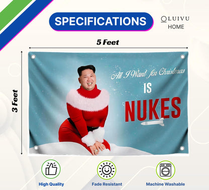3x5 Ft Kim Meme Polyester Flag with Four Brass Grommets - Single Sided Banner All I Want for Christmas is Nukes - Funny Flag for College Party