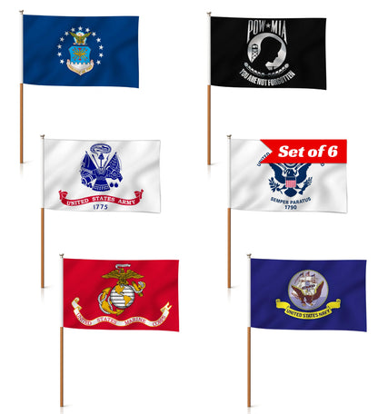 Set of 6 Single Sided Military 5 Branches Army Navy Marines Air Force Coast Guard and Pow Mia Stick Flag 12x18 inch - Army Polyester Flags