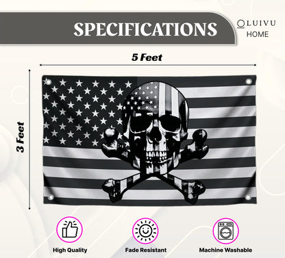 3x5 Ft American Skull Polyester Flags with 4 Brass Grommets - Pirate USA Flag or US Black Boat Single Sided Flags or Banners Man Cave Skull Bones Fun