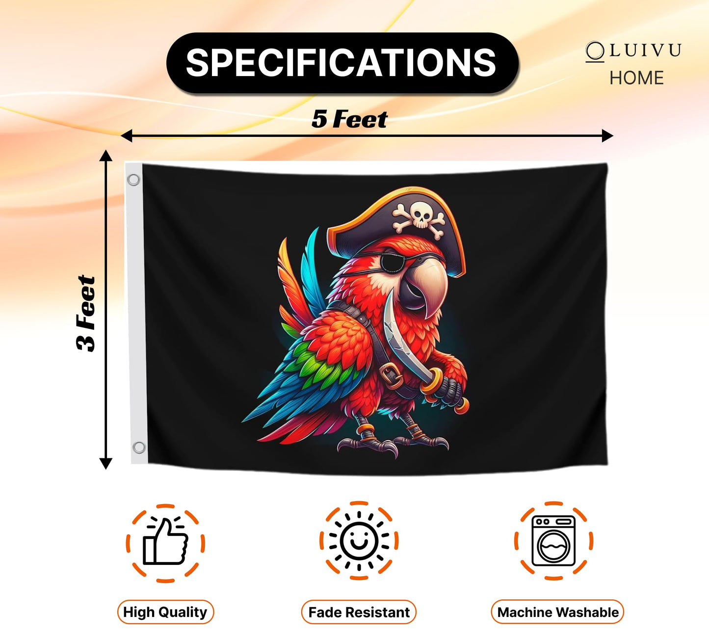 3x5 Ft Pirate Parrot Polyester Flag with 2 Grommets - Garden Yard Porch Patio Banner for Decor - Pirate Parrot Single Sided Flag or Black Boat Flags