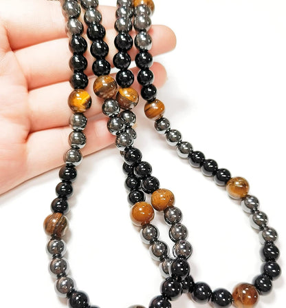 Triple Protection Necklace With Genuine Stone Tiger Eye Black Obsidian and Hematite - Bad Energy Protection Beads Crystal Necklace for Men and Women