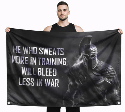 3x5 Ft Motivational Polyester Flag He Who Sweats More In Training Will Bleed Less In War with 4 Grommets - Improvement Wall Decor for Home or Gym