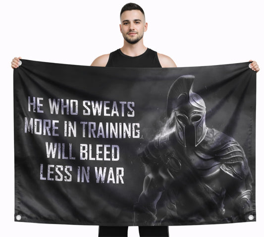 3x5 Ft Motivational Polyester Flag He Who Sweats More In Training Will Bleed Less In War with 4 Grommets - Improvement Wall Decor for Home or Gym
