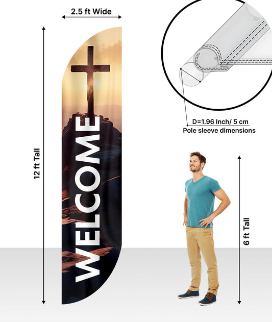 12x2.5 Feet Tall Feather Flags "Welcome" - Single Sided Feathers Banners Church Themed - Tall Advertising Flag for Outdoor Garde